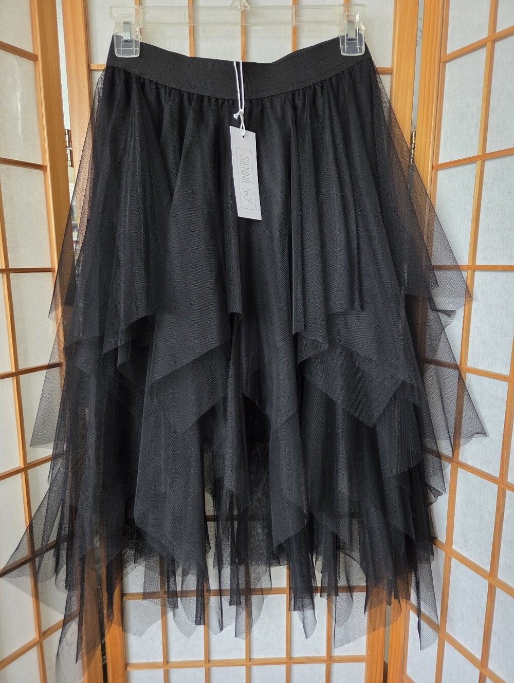 NWT WOMENS SIENNA SKY BLACK TULLE HANDCACHIEF LINED MIDI PULL ON SKIRT SIZE S/M